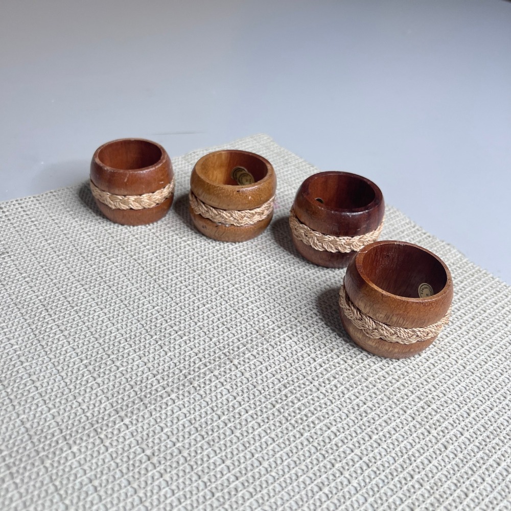 Vintage Wood Napkin Rings Set of 4 Woven Jute Inlay Boho Rustic Philippines